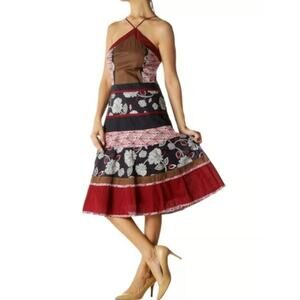 BCBGMaxAzria Halter A-line Dress Size 4 Boho Floral Patchwork Burgundy Navy